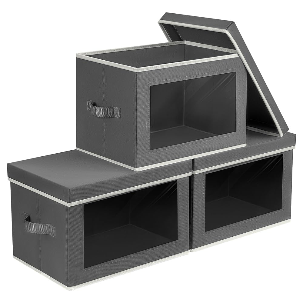 Homsorout Fabric Storage Bins with Lids 3 Pack Dark Grey - Clear Window Organizer