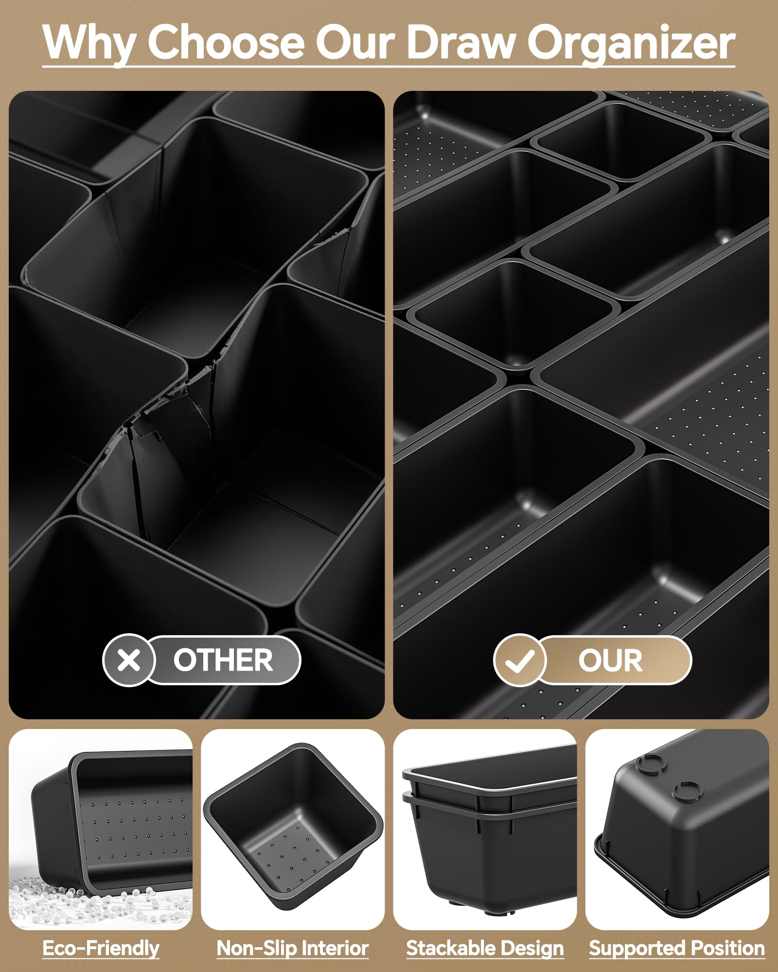 KEMETHY 25 Piece Black Plastic Drawer Organizer Set - 4 Sizes for Desk Bathroom Kitchen