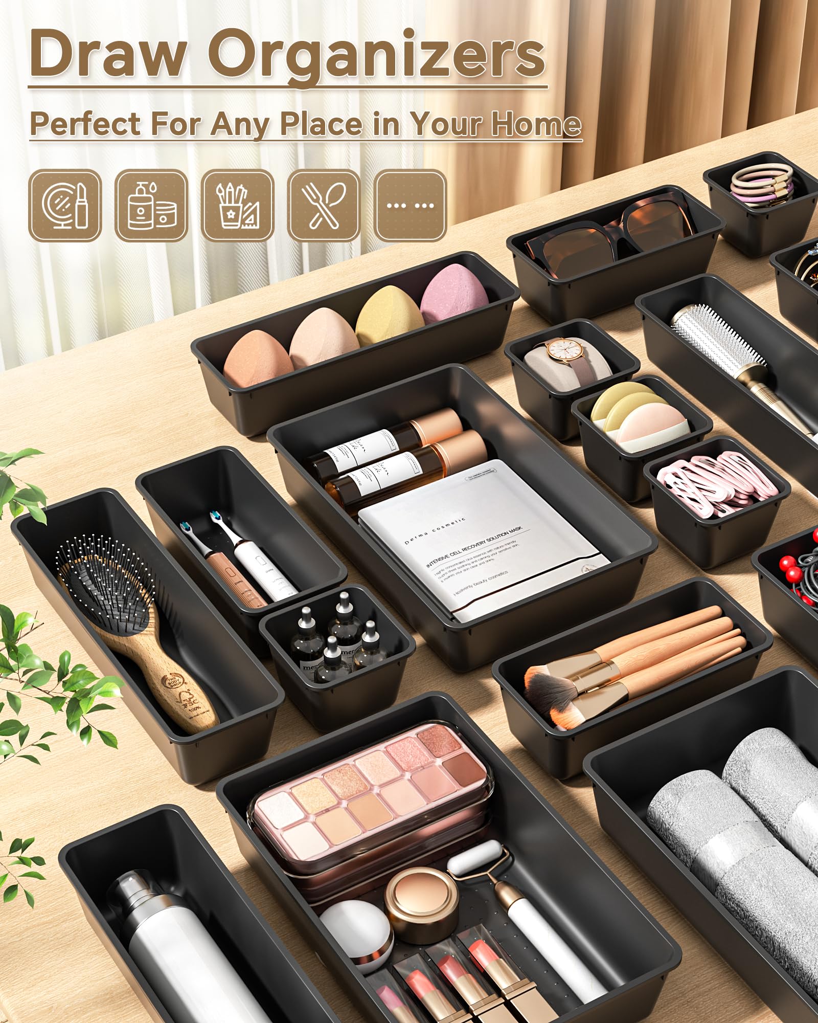 KEMETHY 25 Piece Black Plastic Drawer Organizer Set - 4 Sizes for Desk Bathroom Kitchen