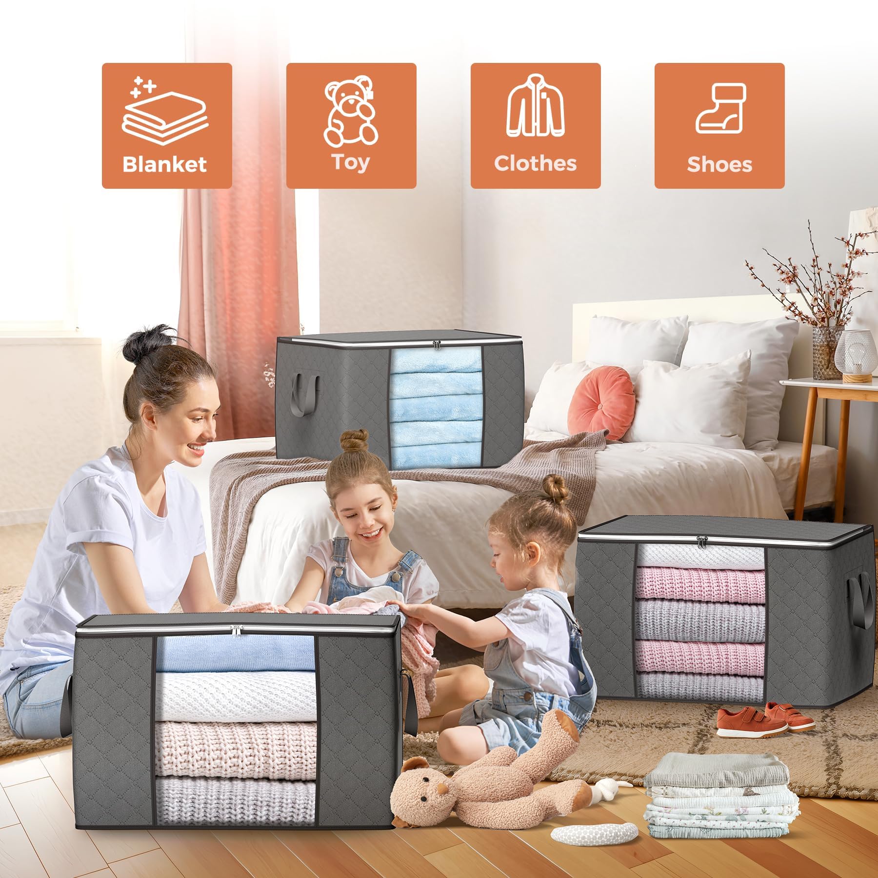 90L Large Storage Bags 6 Pack Gray - Heavy Duty Organizer with Clear Window