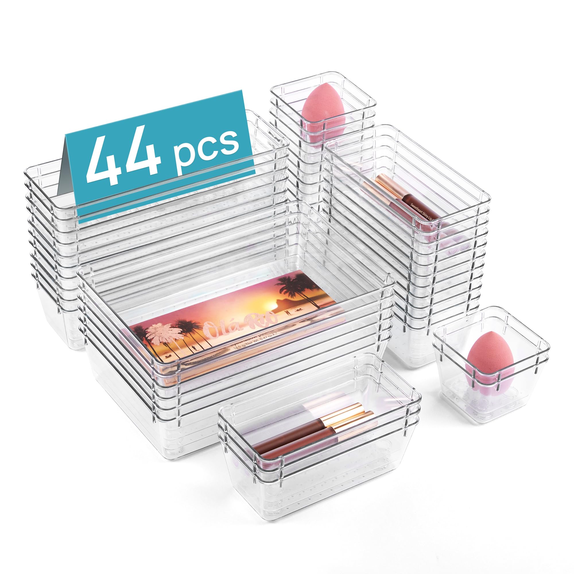 Vtopmart 44 Piece Clear Plastic Drawer Organizer Set - 4 Sizes with 200 Non-Slip Pads