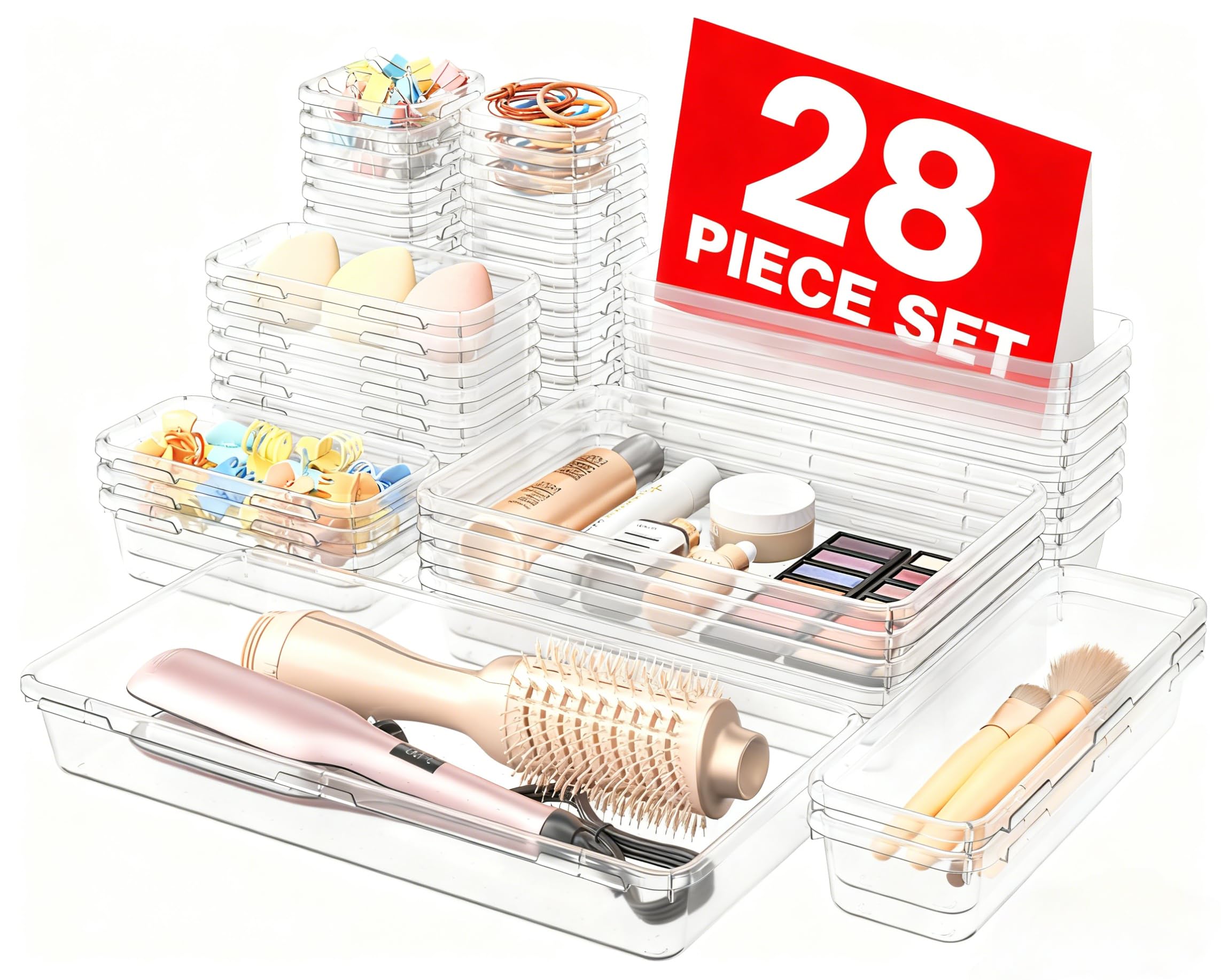 A-LuGei Military Grade Drawer Organizer Set - 28 Piece 5 Size Clear Plastic Makeup Organizer