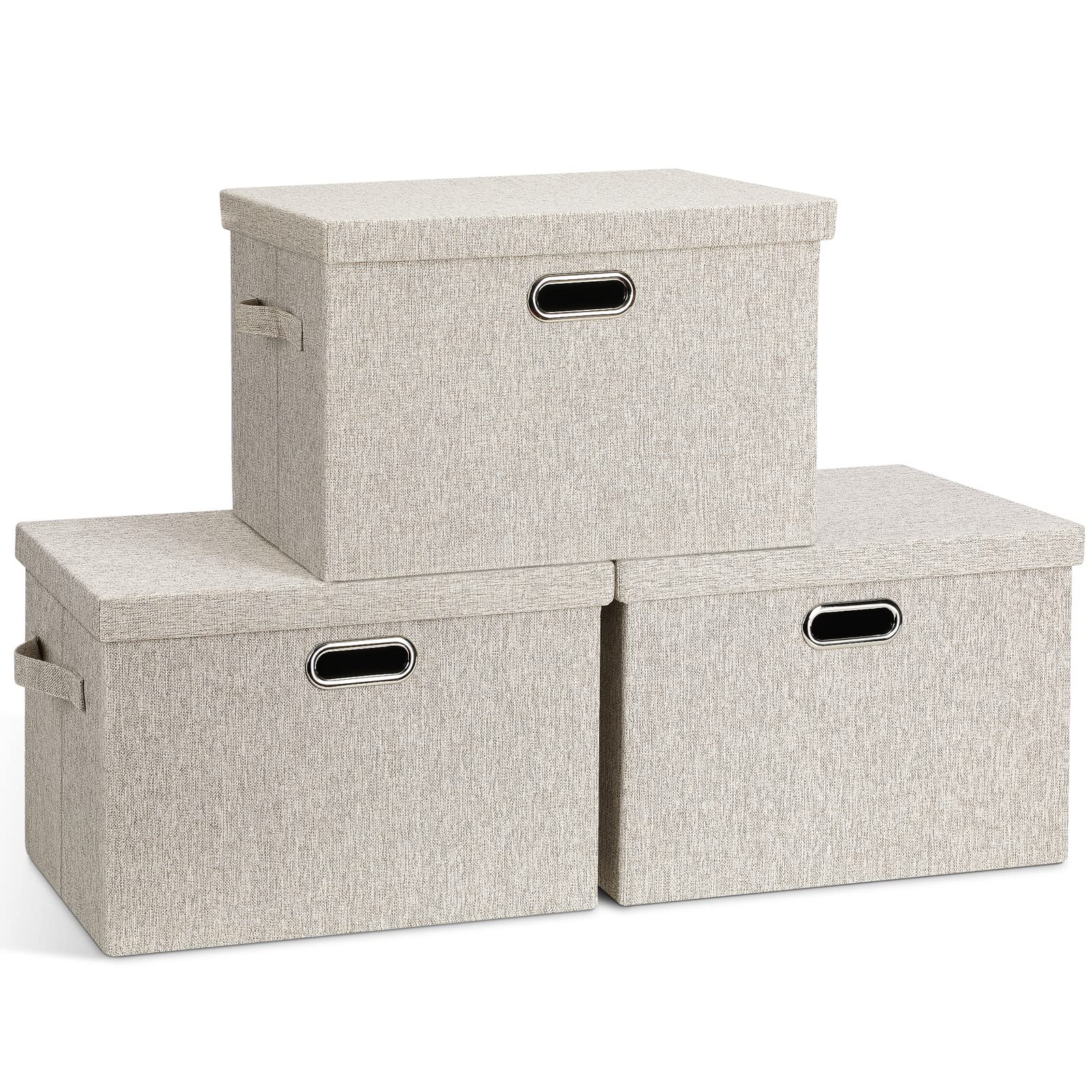 Graciadeco Large Collapsible Storage Bins with Lids 3 Pack Beige - Stackable Organizer